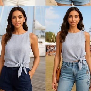 Aqua Blue White Striped Linen Blend Tie Waist Crop Top Sleeveless XS Nautical